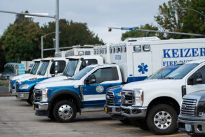Keizer Fire District vehicles are lined up at the Keizer Elks Lodge for the 9/11 ceremony in 2025. (FILE/Keizertimes)