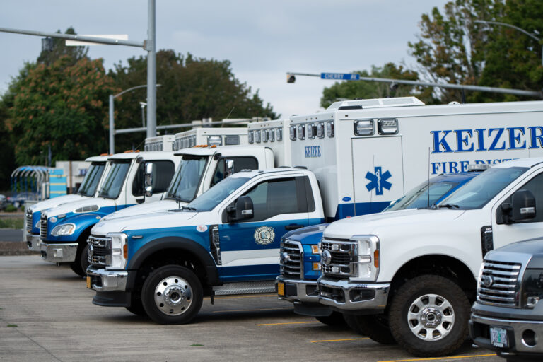 Keizer Fire District vehicles are lined up at the Keizer Elks Lodge for the 9/11 ceremony in 2025. (FILE/Keizertimes)